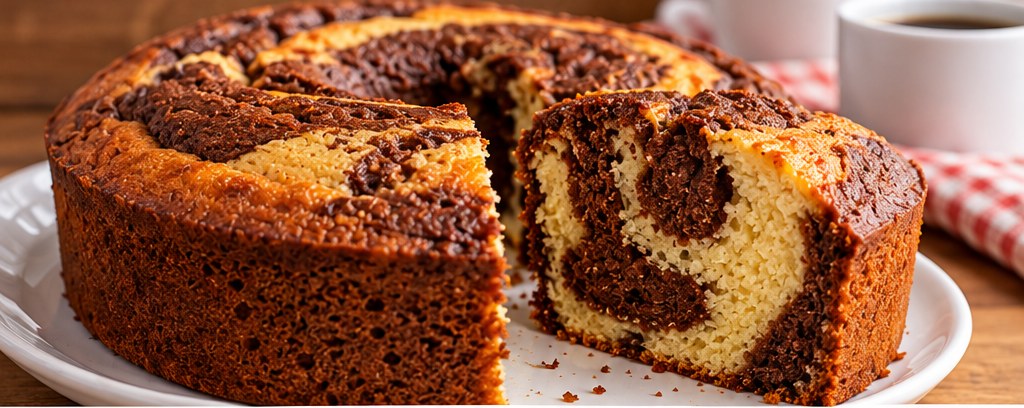 Bolo mesclado fofinho com massa branca e chocolate