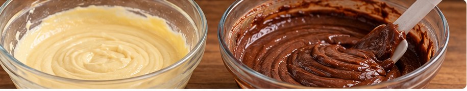 Massas branca e de chocolate em tigelas separadas